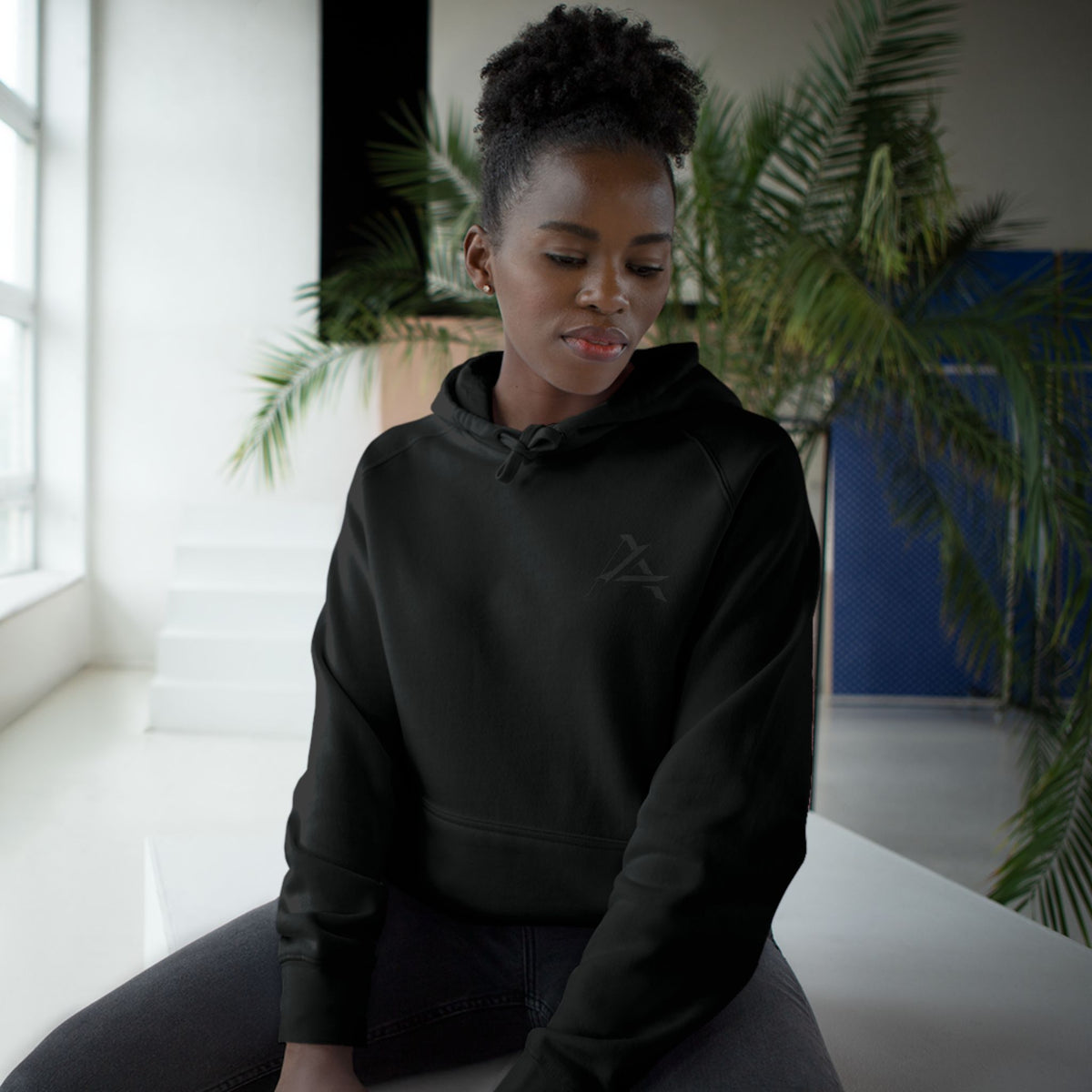 Patch Logo Hoodie — Minimalist White Pullover with Chest Emblem & Back 'PATCH' Text