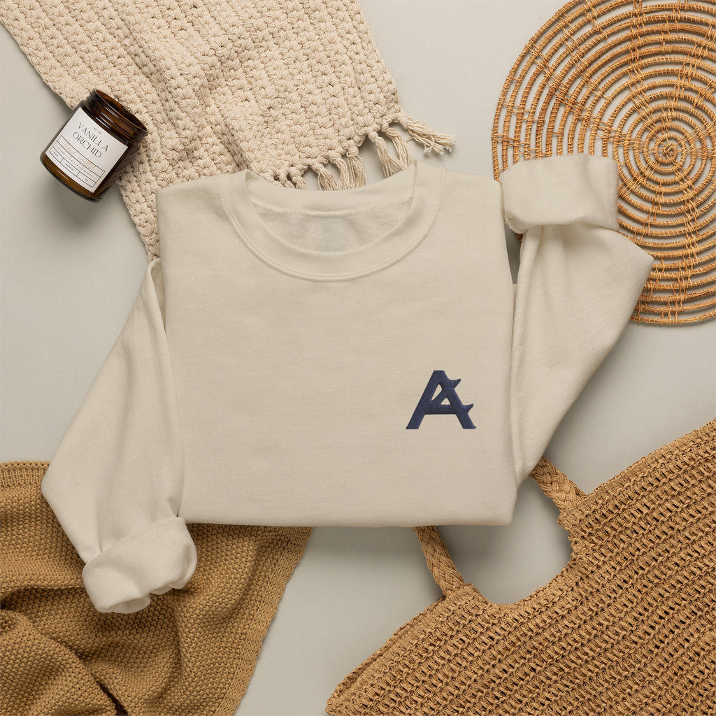 Minimalist A Logo Crewneck Sweatshirt – Small Chest Emblem, Casual White Pullover