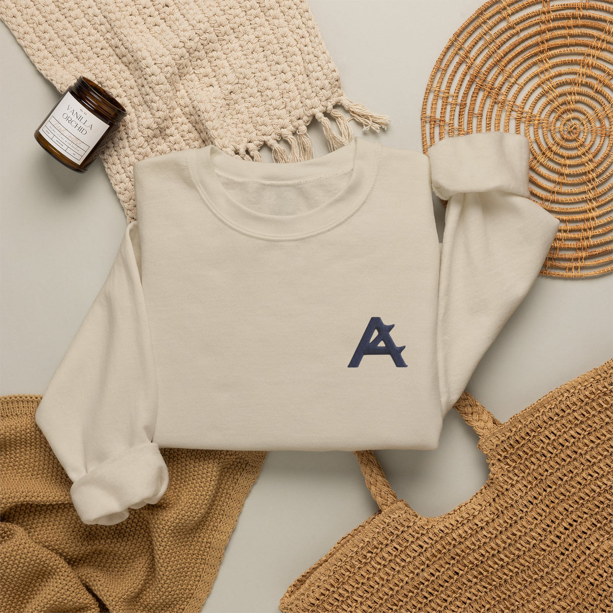 Minimalist A Logo Crewneck Sweatshirt – Small Chest Emblem, Casual White Pullover