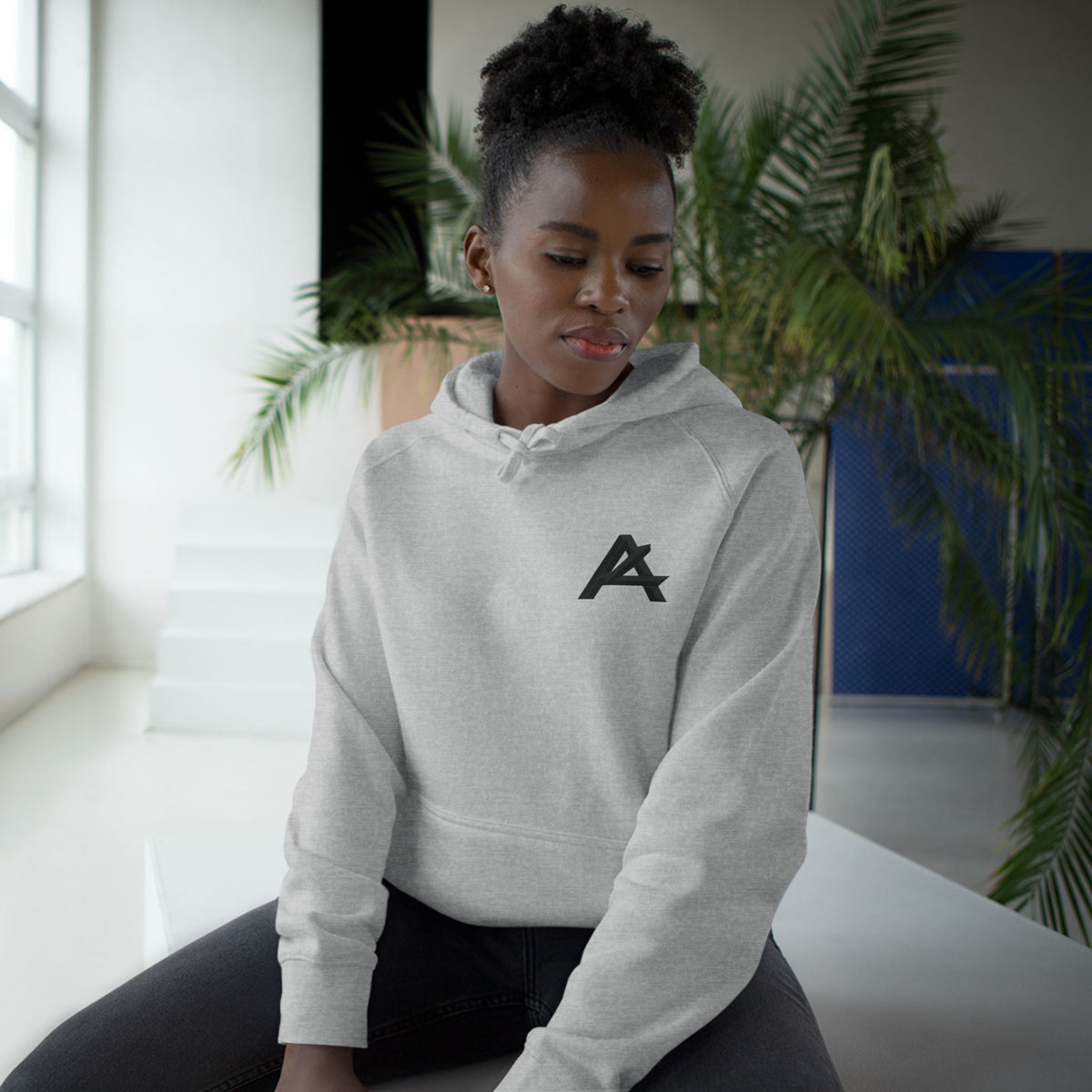 Patch Logo Hoodie — Minimalist White Pullover with Chest Emblem & Back 'PATCH' Text