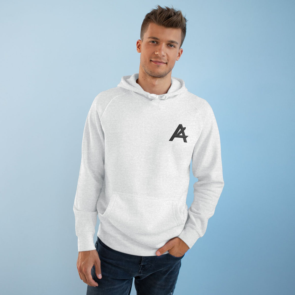 Patch Logo Hoodie — Minimalist White Pullover with Chest Emblem & Back 'PATCH' Text