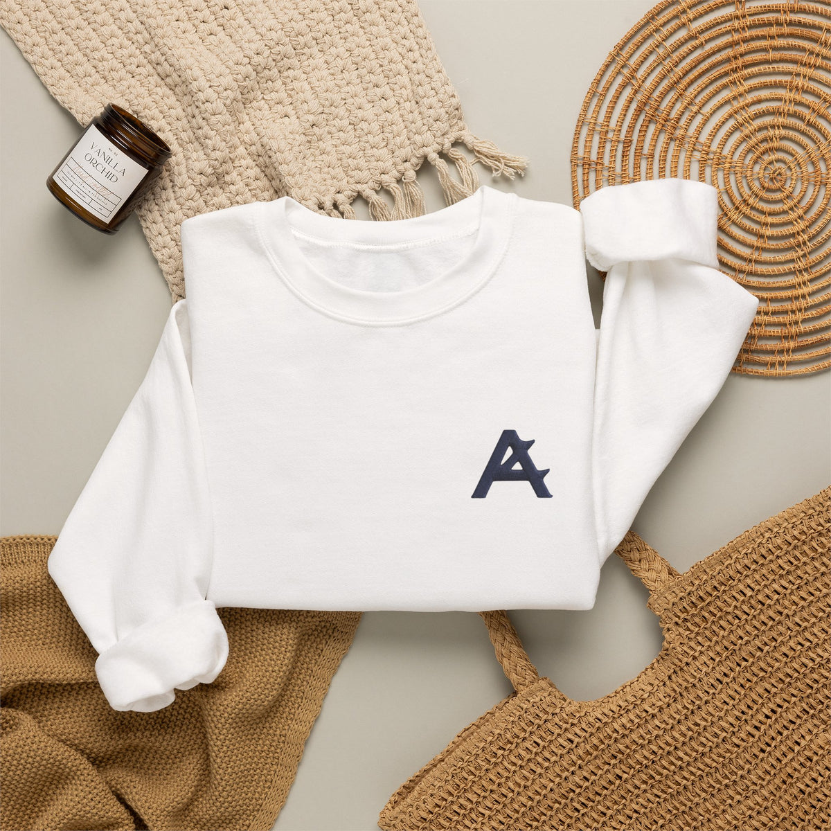 Minimalist A Logo Crewneck Sweatshirt – Small Chest Emblem, Casual White Pullover