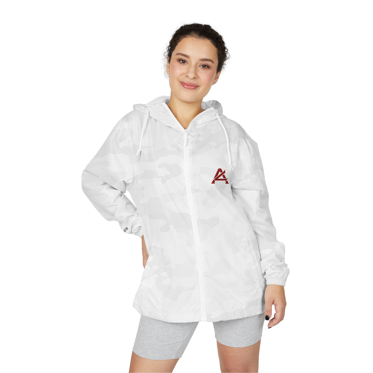 Windbreaker Jacket — White Camo Minimal Logo Windbreaker with 'ATCH' Accent