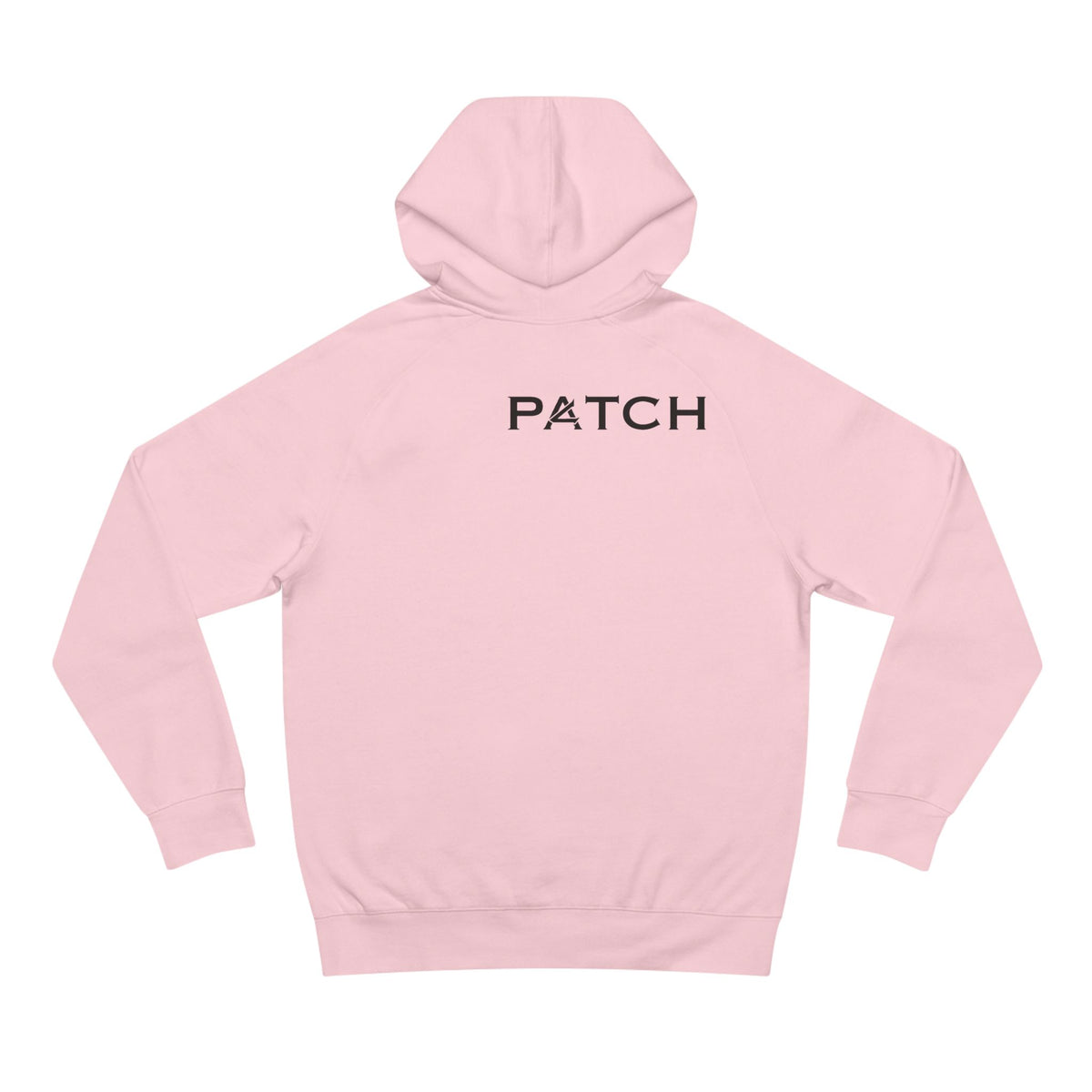 Patch Logo Hoodie — Minimalist White Pullover with Chest Emblem & Back 'PATCH' Text
